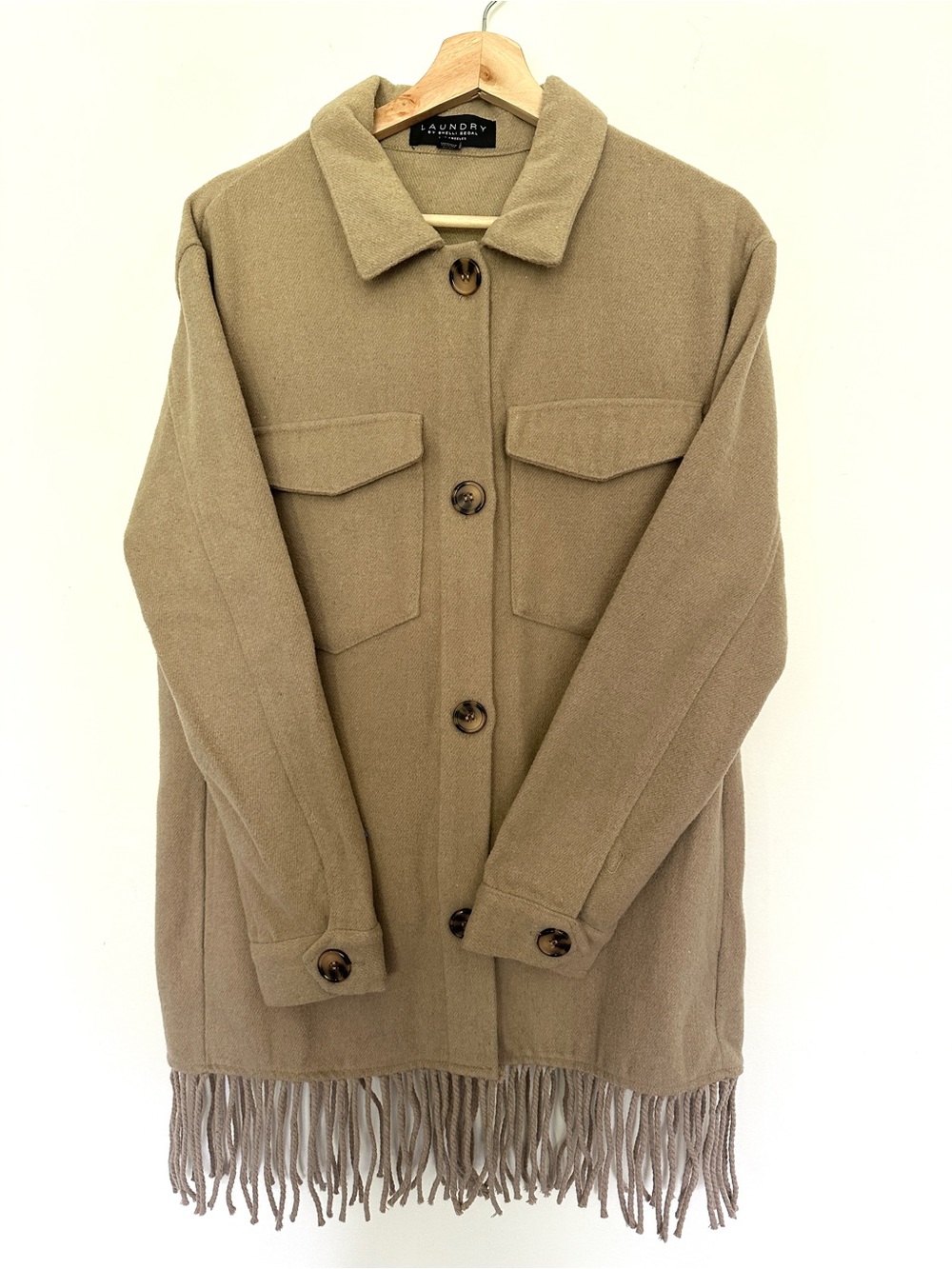 Laundry By Shelli Segal Beige Fringe-Hem Utility Shacket - Picture 2 of 4